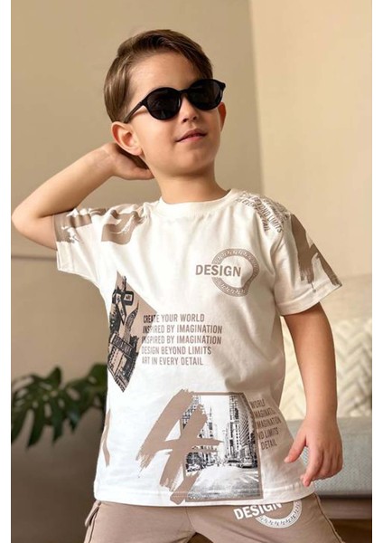 Erkek Çocuk Kargo Cepli ve Design Baskılı Bej Eşofman Takım