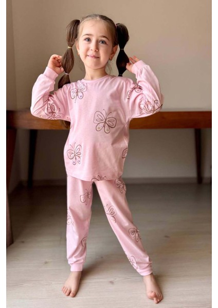 Kız Çocuk Bilekleri Manşetli Kelebek Desenli Pembe Pijama Takımı