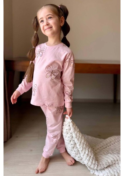 Kız Çocuk Bilekleri Manşetli Kelebek Desenli Pembe Pijama Takımı fiyatları