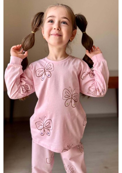 Kız Çocuk Bilekleri Manşetli Kelebek Desenli Pembe Pijama Takımı modelleri