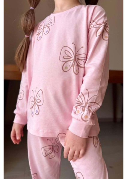 Kız Çocuk Bilekleri Manşetli Kelebek Desenli Pembe Pijama Takımı fırsatları