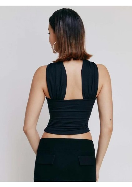 Saten Boyundan Bağlamalı Straplez Bluz