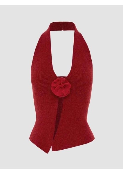 Gül Detaylı Kırmızı Örme Bluz
