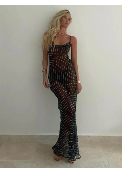 Puantiyeli Degaje Yaka Yarı Transparan Elbise