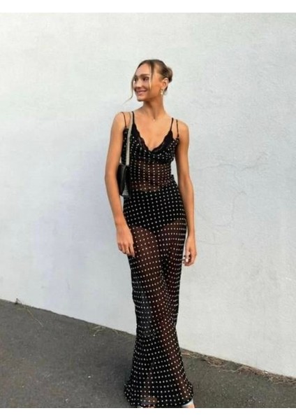 Puantiyeli Degaje Yaka Yarı Transparan Elbise fırsatları