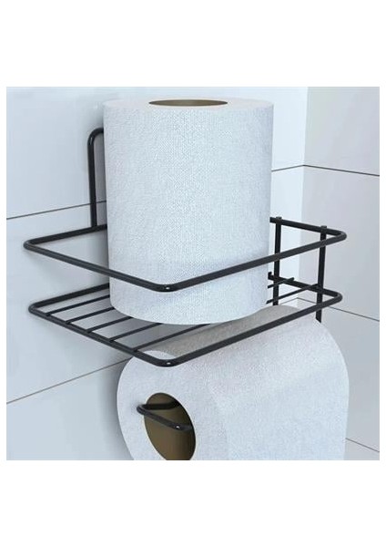 Sanec Kendiliğinden Yapışkanlı Tuvalet Kağıdı Tutacağı ve Yedek Raf - Siyah Modern Metal Tasarım