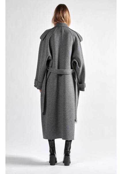 Apoletli Kemerli Oversize Uzun Boy Yün Palto
