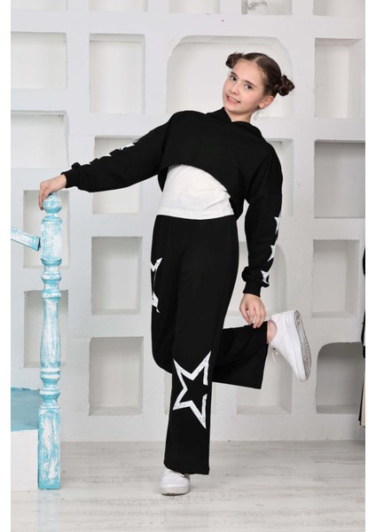 (10-15 Yaş) Eskitme Yıldız Baskılı Kız Çocuk Croplu tarz takım - Siyah