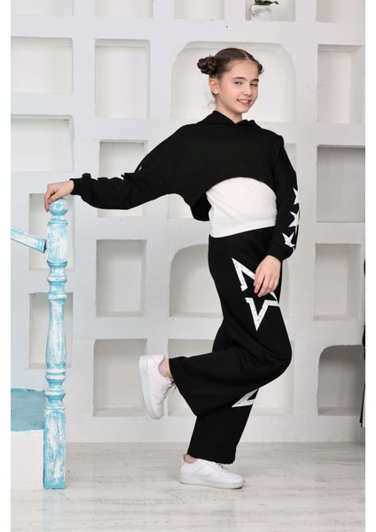 (10-15 Yaş) Eskitme Yıldız Baskılı Kız Çocuk Croplu tarz takım - Siyah fiyatları