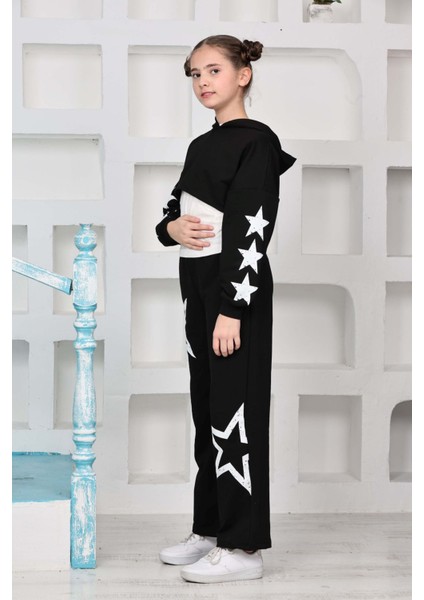(10-15 Yaş) Eskitme Yıldız Baskılı Kız Çocuk Croplu tarz takım - Siyah modelleri