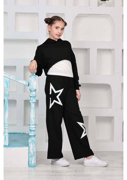 (10-15 Yaş) Eskitme Yıldız Baskılı Kız Çocuk Croplu tarz takım - Siyah fırsatları