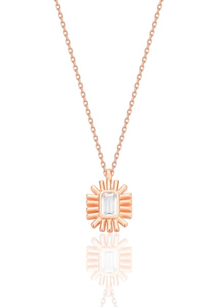 Gümüş Rose Baget Kesim Zirkon Taşlı Güneş Işığı Kolye SGTL12682ROSE