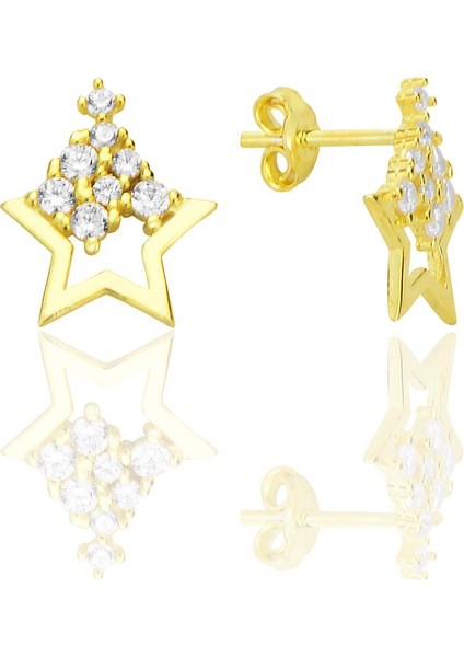 Gümüş Altın Yaldızlı Zirkon Taşlı Işıltılı Yıldız Küpe SGTL12712GOLD