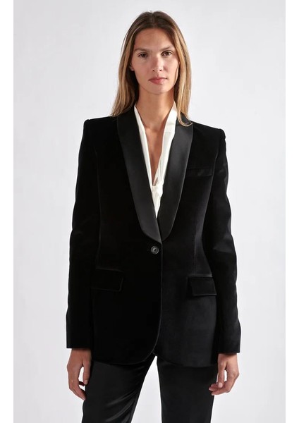Saten Yaka Tek Düğmeli Siyah Kadife Ceket