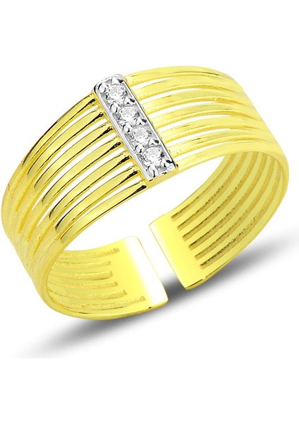 Gümüş Altın Yaldızlı Zirkon Taşlı Modern Tasarımlı Ayarlamalı Yüzük SGTL12688GOLD