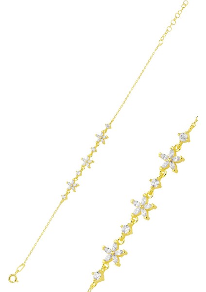 Gümüş Altın Yaldızlı Zirkon Taşlı Lotus Çiçeği Bileklik SGTL12718GOLD