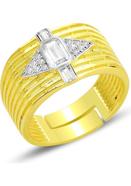 Gümüş Altın Yaldızlı Baget Kesim Zirkon Taşlı Ayarlamalı Yüzük SGTL12697GOLD
