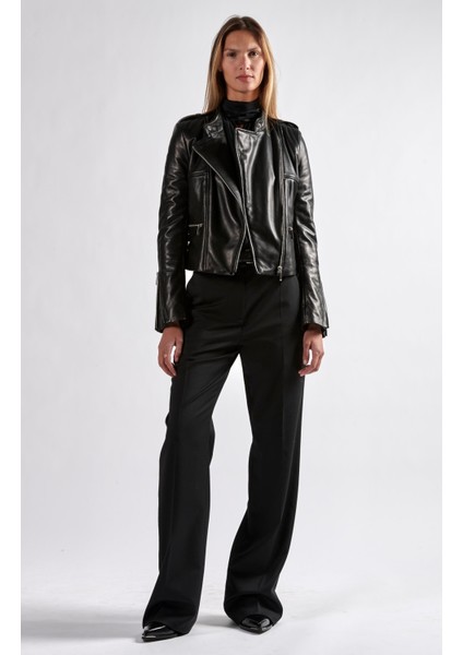 Kruvaze Yaka Fermuarlı Siyah Deri Ceket fiyatları