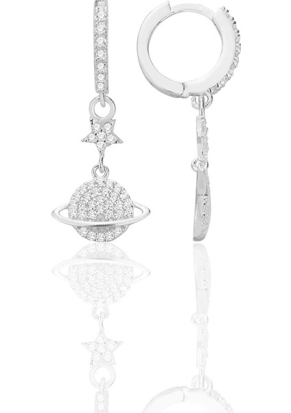 Gümüş Rodyumlu Zirkon Taşlı Yıldızlı Satürn Gezegen Küpe SGTL12707RODAJ