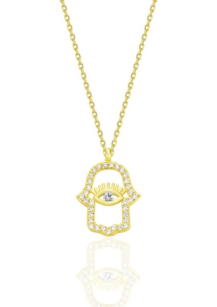 Gümüş Altın Yaldızlı Zirkon Taşlı Koruyucu Hamsa El Kolye SGTL12670GOLD