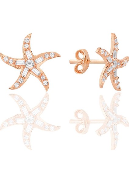 Gümüş Rose Baget Kesim Zirkon Taşlı Deniz Yıldızı Küpe SGTL12711ROSE