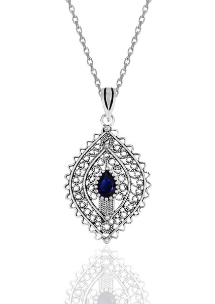 Gümüş Safir Taşlı Oksitli Telkari Işlemeli Kolye SGTL11890LACIVERT