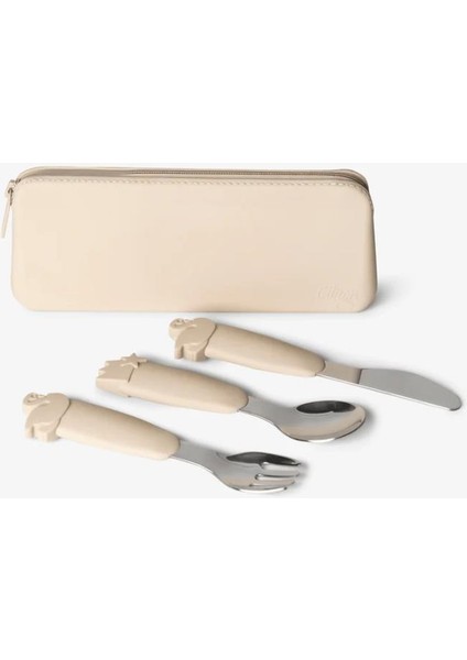 Çantalı Silikon Saplı Paslanmaz Çelik Çatal Bıçak ve Kaşık Takımı - Beige 1286395