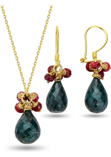 Gümüş Altın Yaldılzı Kök Zümrüt ve Kök Yakut Doğal Taşlı Damla Ikili Set SGTL12727YESIL