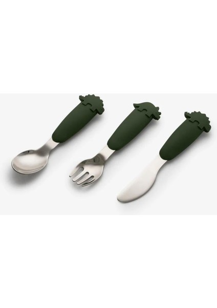 3'lü Silikon Saplı Paslanmaz Çelik Çatal, Bıçak ve Kaşık Takımı - Dino 1286050