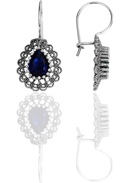 Gümüş Safir Taşlı Oksitli Telkari Işlemeli Damla Küpe SGTL12733LACIVERT