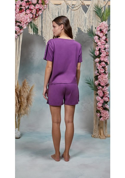 Kadın Mor Pamuklu Şort T-Shirt Pijama Takımı 25Y4073 fiyatları