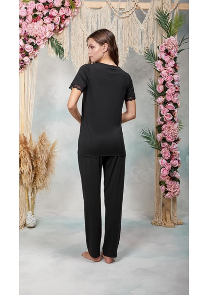 Kadın Siyah Dantel Yaka T-Shirt Pijama Takımı 25Y4064 fiyatları