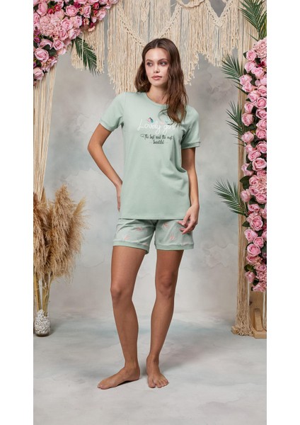 Kadın Turkuaz Yazı Baskılı Şort T-Shirt Pijama Takımı 25Y4061