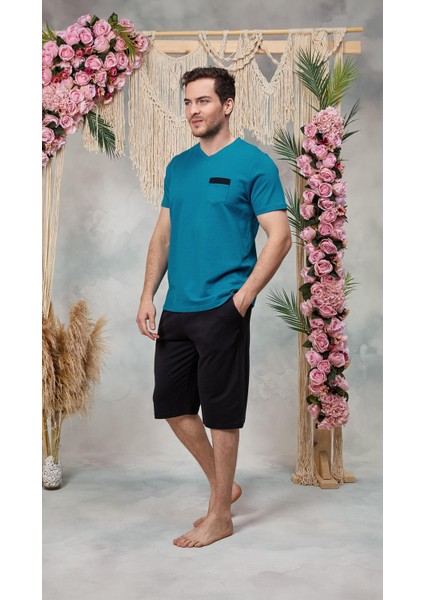 Erkek Mavi Siyah V Yaka Şort T-Shirt Pijama Takımı 25Y4563