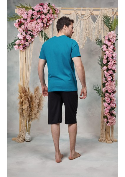 Erkek Mavi Siyah V Yaka Şort T-Shirt Pijama Takımı 25Y4563