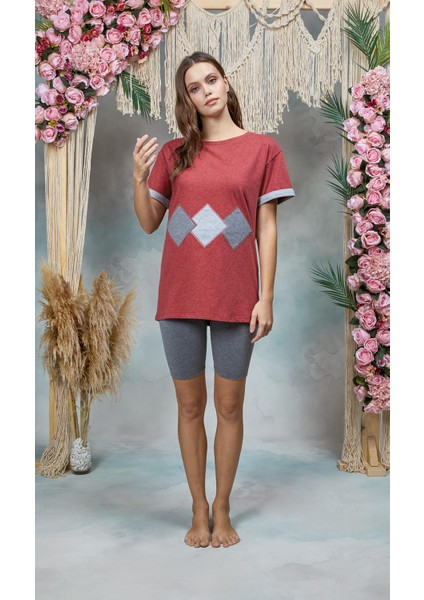 Kadın Gri Melanj Tayt Bordo T-Shirt Pijama Takımı 25Y4076