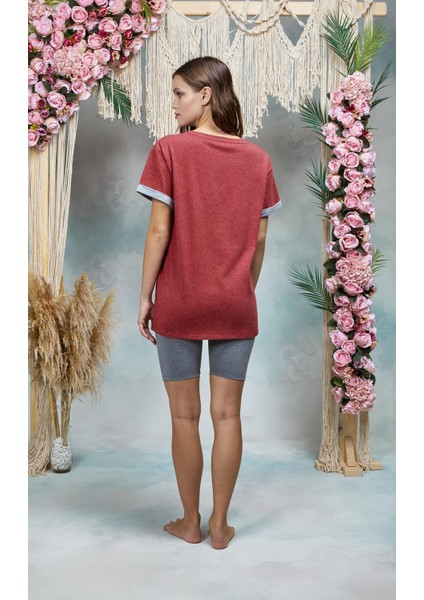Kadın Gri Melanj Tayt Bordo T-Shirt Pijama Takımı 25Y4076 fiyatları