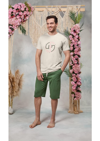 Erkek Yeşil Şort Krem Baskılı T-Shirt Pijama Takımı 25Y4576