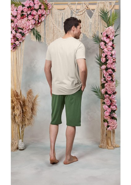 Erkek Yeşil Şort Krem Baskılı T-Shirt Pijama Takımı 25Y4576 fiyatları