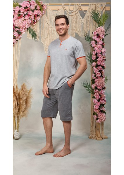 Erkek Gri Düğme Yaka Şort T-Shirt Pijama Takımı 25Y4567