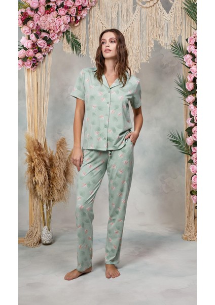 Kadın Turkuaz Desenli Gömlek T-Shirt Pijama Takımı 25Y4060