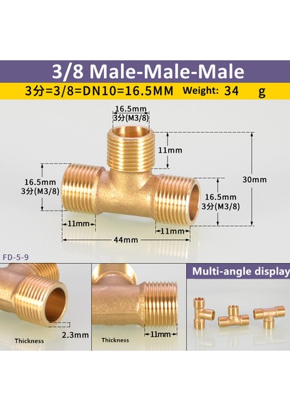 3l8 M-M-M Stili Pnömatik Boru Dönüşümü Erkek- Dişi Konu Dönüştürücü Bağlantı Bsp Tee Tipi Bakır Su Yağ Gaz Adaptörü (Yurt Dışından)