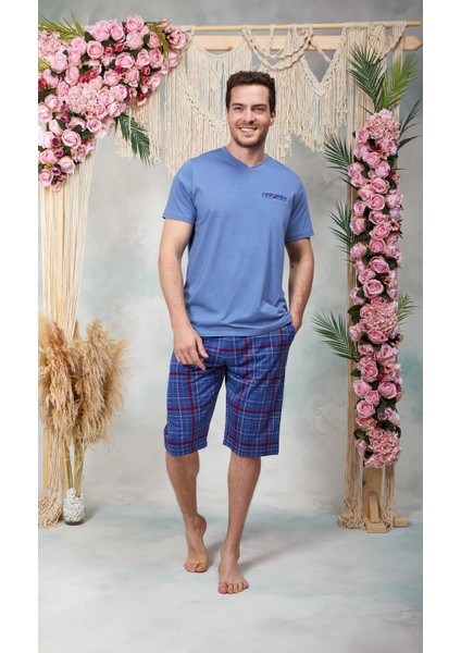 Erkek Mavi Kırmızı Ekose Desenli Şort T-Shirt Pijama Takımı 25Y4578