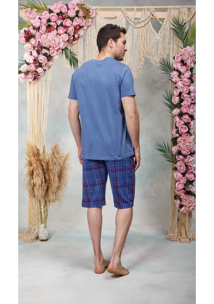 Erkek Mavi Kırmızı Ekose Desenli Şort T-Shirt Pijama Takımı 25Y4578 fiyatları