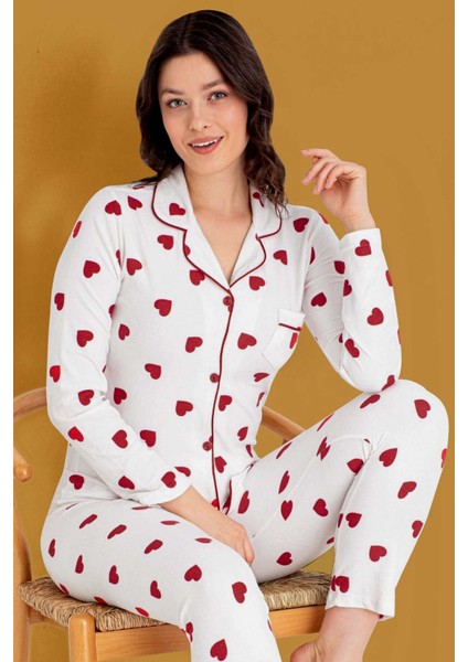 Kalp Desenli Gömlek Yaka Cepli Süet Pijama Takımı