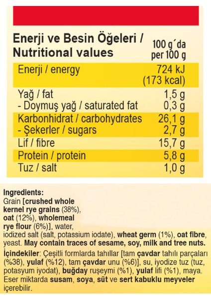 Yulaf-Çavdar ve Ruşeymli Tam Tahıl Ekmeği 500 gr