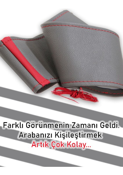 Hyundai I10 Gri Özel Süper Deri Kırmızı Yüzüklü Dikişli Direksiyon Kılıfı
