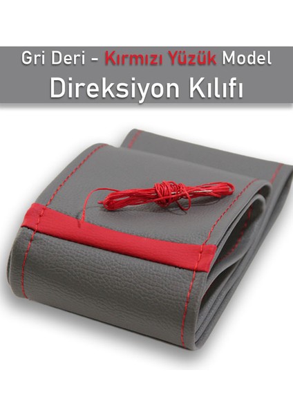 Hyundai I10 Gri Özel Süper Deri Kırmızı Yüzüklü Dikişli Direksiyon Kılıfı