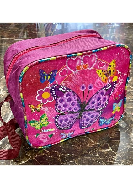 Relaxion Termoslu Pembe Kelebek Simli Desenli Kız Beslenme Çantası 20X25X10CM
