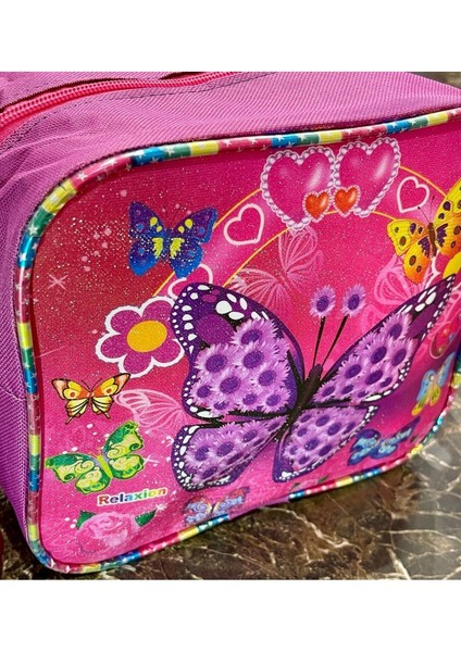 Relaxion Termoslu Pembe Kelebek Simli Desenli Kız Beslenme Çantası 20X25X10CM fiyatları